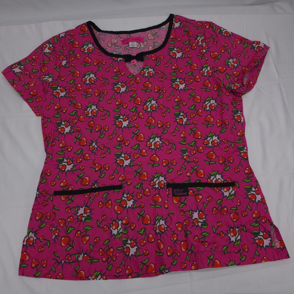 Betsey Johnson Scrub Top Women's Large Pink Cherry Print Nurse Medical Uniform